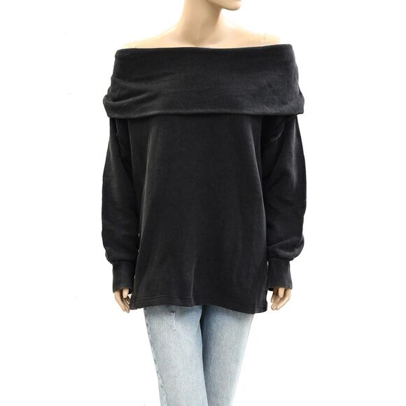 Free People Off Chill Sweatshirt Tunic Top Off Shoulder Longline Fit L 284539 - Picture 6 of 8